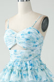 Blue Flower A-Line Tiered Pleated Hollow Out Short Homecoming Dress