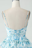 Blue Flower A-Line Tiered Pleated Short Homecoming Dress