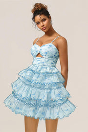 Blue Flower A-Line Tiered Pleated Cut Out Short Homecoming Dress