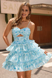 Blue Flower A-Line Tiered Pleated Cut Out Short Homecoming Dress