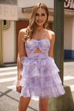Lavender Flower Spaghetti Straps A-Line Tiered Homecoming Dress