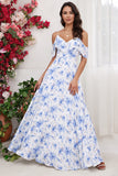 Blue Floral Print A Line Off the Shoulder Long Bridesmaid Dress