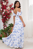 Blue Floral Print A Line Off the Shoulder Long Bridesmaid Dress
