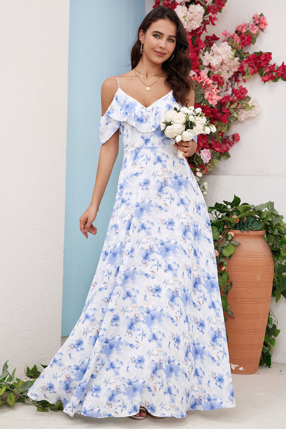 Wedtrend Women Long Bridesmaid Dress Blue Floral Print A Line Off