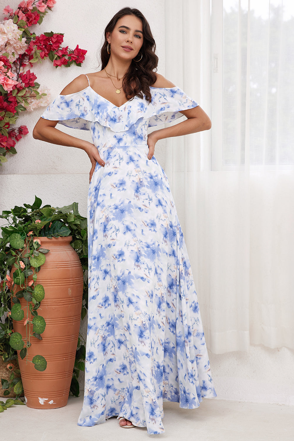 Wedtrend Women Long Bridesmaid Dress Blue Floral Print A Line Off the Shoulder Wedding Guest Dress WEDTREND Wedtrend Women Long Bridesmaid Dress Blue Floral Print A Line Off the Shoulder Wedding Guest Dress WEDTREND