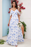 Blue A Line Off the Shoulder Floral Print Long Bridesmaid Dress