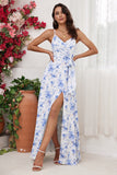 Blue Floral Print Sheath/Column Spaghetti Straps Bridesmaid Dress With Slit