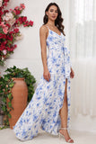 Blue Floral Print Sheath/Column Spaghetti Straps Bridesmaid Dress With Slit