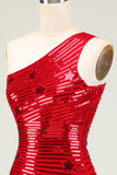 Sparkly Red Sheath One Shoulder Sequins Short Homecoming Dress with Star