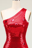 Sparkly Red Sheath One Shoulder Sequins Short Homecoming Dress with Star
