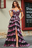 Black Pink A-Line Off The Shoulder Sparkly Sequin Tiered Prom Dress