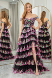 Sparkly Fuchsia A-Line Off The Shoulder Tiered Long Prom Dress with Slit