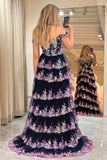 Sparkly Black Pink A-Line Off The Shoulder Tiered Long Prom Dress with Slit