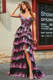 A-Line Off The Shoulder Sparkly Sequin Tiered Fuchsia Prom Dress With Slit