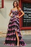 A-Line Off The Shoulder Sparkly Sequin Tiered Fuchsia Prom Dress With Slit
