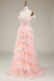 Grey A-Line Off the Shoulder Sparkly Tiered Prom Dress with Slit