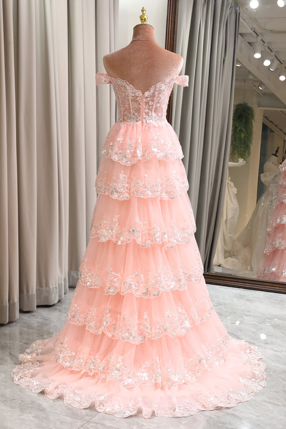 WEDTREND Women Black Pink Prom Dress A-Line Off The Shoulder Sparkly Sequin Tiered Long Evening Dress, Blush / US16