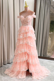 Princess A Line Off the Shoulder Long Corset Sparkly Blush Prom Dress with Slit