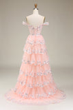 Grey A-Line Off the Shoulder Sparkly Tiered Prom Dress with Slit