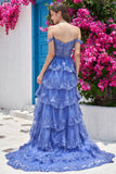 Black Pink A-Line Off The Shoulder Sparkly Sequin Tiered Prom Dress