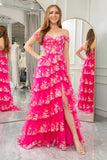 Sparkly Fuchsia A-Line Off The Shoulder Tiered Long Prom Dress with Slit