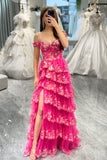 Sparkly Silver A-Line Off The Shoulder Tiered Long Prom Dress