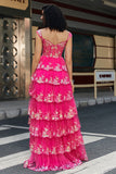 A-Line Off The Shoulder Sparkly Sequin Tiered Fuchsia Prom Dress With Slit