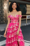 A-Line Off The Shoulder Sparkly Sequin Tiered Fuchsia Prom Dress With Slit