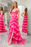 Sparkly Fuchsia A-Line Off The Shoulder Tiered Long Prom Dress with Slit