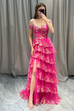 Sparkly Black Pink A-Line Off The Shoulder Tiered Long Prom Dress with Slit