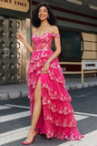 A-Line Off The Shoulder Sparkly Sequin Tiered Fuchsia Prom Dress With Slit