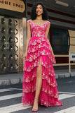 A-Line Off The Shoulder Sparkly Sequin Tiered Fuchsia Prom Dress With Slit