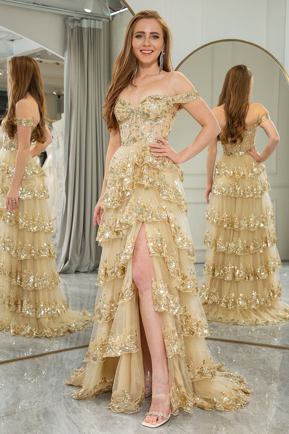 Glitter Golden A-Line Off The Shoulder Tiered Long Prom Dress with Slit