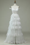 White A Line Off The Shoulder Tiered Tulle Long Wedding Dress