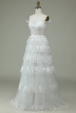 White A Line Off The Shoulder Tiered Tulle Long Wedding Dress