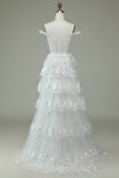 White A Line Off The Shoulder Tiered Tulle Long Wedding Dress