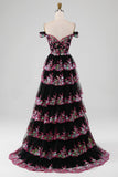 Fuchsia A-Line Off The Shoulder Sparkly Sequin Tiered Prom Dress With Slit