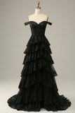 Grey A-Line Off the Shoulder Sparkly Tiered Prom Dress with Slit