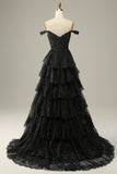 Grey A-Line Off the Shoulder Sparkly Tiered Prom Dress with Slit