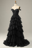 Grey A-Line Off the Shoulder Sparkly Tiered Prom Dress with Slit