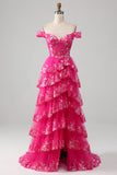 Fuchsia A-Line Off The Shoulder Sparkly Sequin Tiered Prom Dress With Slit