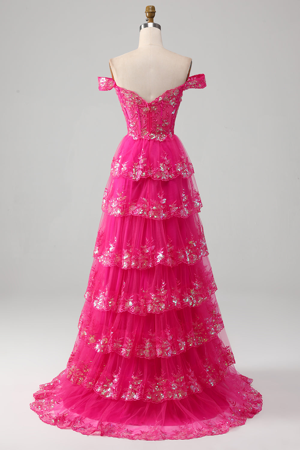 Fuchsia A-Line Off The Shoulder Sparkly Sequin Tiered Prom Dress With Slit