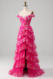 Fuchsia A-Line Off The Shoulder Sparkly Sequin Tiered Prom Dress With Slit