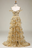Grey A-Line Off the Shoulder Sparkly Tiered Prom Dress with Slit