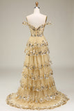 Grey A-Line Off the Shoulder Sparkly Tiered Prom Dress with Slit