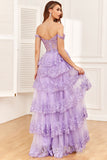 Black Pink A-Line Off The Shoulder Sparkly Sequin Tiered Prom Dress