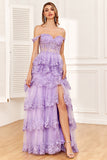 Black Pink A-Line Off The Shoulder Sparkly Sequin Tiered Prom Dress