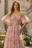 White Red Flower Princess A Line Off The Shoulder Corset Long Prom Dress