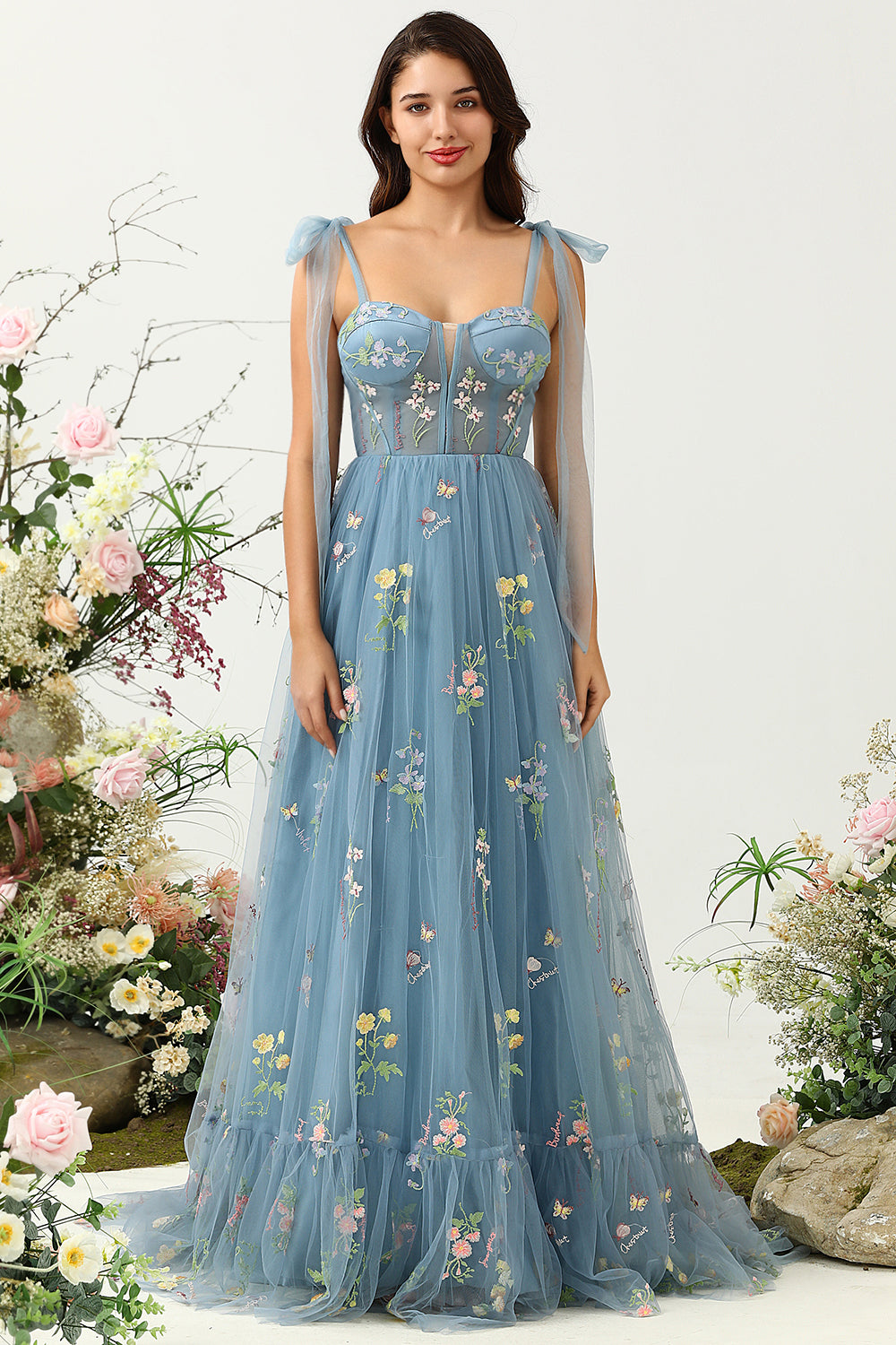 Wedtrend Women Grey Blue A Line Spaghetti Straps Corset Prom Dress with Embroidery WEDTREND Wedtrend Women Grey Blue A Line Spaghetti Straps Corset Prom Dress with Embroidery WEDTREND