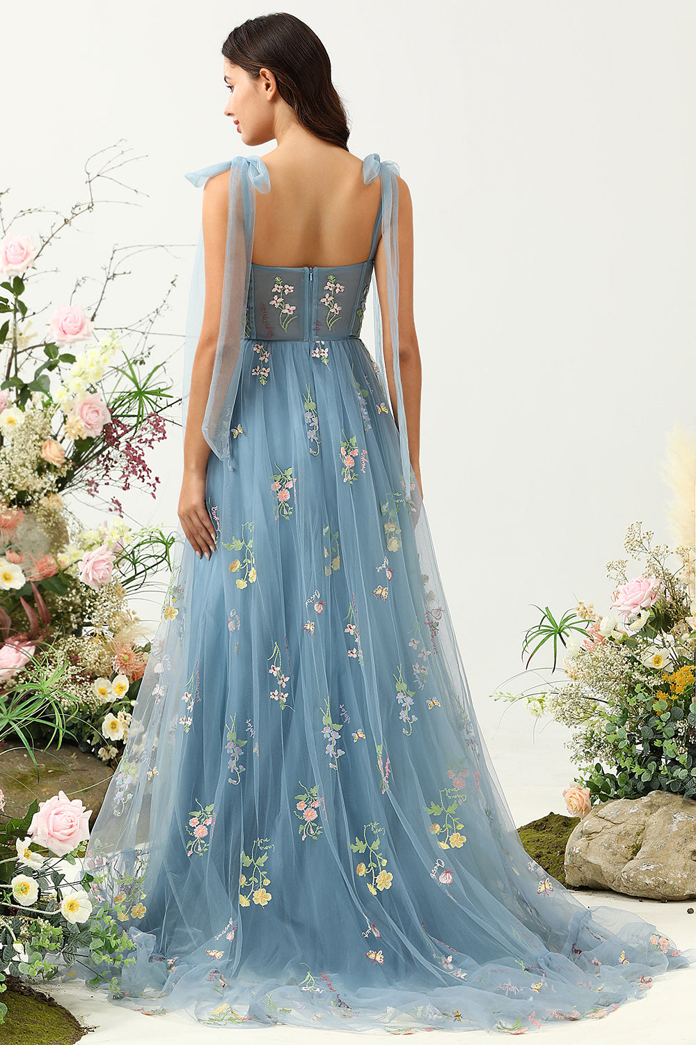 Wedtrend Women Grey Blue A Line Spaghetti Straps Corset Prom Dress with Embroidery WEDTREND Wedtrend Women Grey Blue A Line Spaghetti Straps Corset Prom Dress with Embroidery WEDTREND